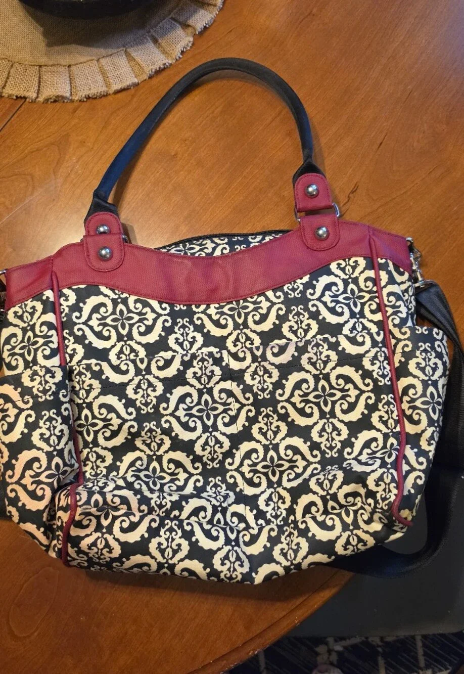 Petunia Pickle Bottom Glazed Touring Tote Diaper Bag Black Cream Damask Red